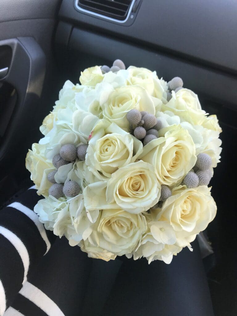 A bouquet of white roses, hydrangeas, and grey billy balls rests on a person's lap inside a car.