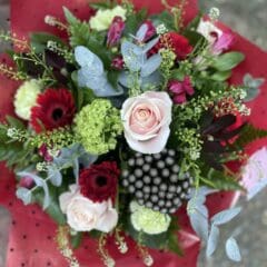 Hand-tied bouquet featuring pale pink roses, deep red gerbera daisies, eucalyptus foliage, green hydrangea, and delicate white filler flowers wrapped in red paper.